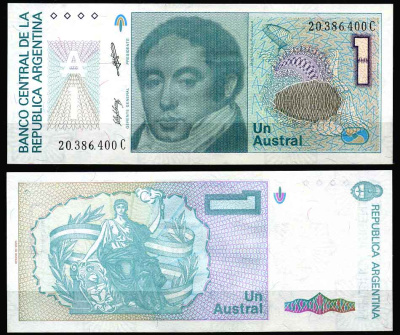 Аргентина 1 аустраль 1985 серия С 20386, Бернардино Ривадавия, один из руководителей Боьбы за независемость Южной Америки от Испанского господства Pick 323 b бумага UNC (пресс)   447-3-2