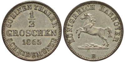 ГАННОВЕР 1/2 ГРОШЕНА 1865 AKS 151, Jaeger 92 серебро UNC 413-6023