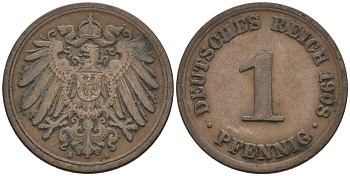 Германия 1 пфенниг 1908 A KM 10, J. 10 медь 4567-1254
