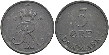 Дания 5 эре 1958 Фредерик IX (1947-1972) KM 843 цинк 88-1245