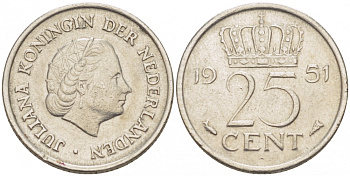 Нидерланды 10 центов 1951 Юлиана (1949-1980) KM 182 никель 3309-636