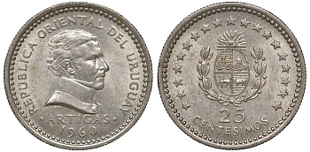 Уругвай 25 сентесимо 1960 KM 40 медно-никель 4169-819