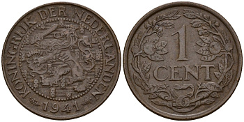 Нидерланды 1 цент 1941 Вильгельмина I (1890-1948) KM 152 бронза 4154-924