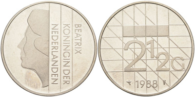 Нидерланды 2 1/2 гульдена 1988 Беатрикс (1980-2013) KM 206 никель UNC 4593-1044