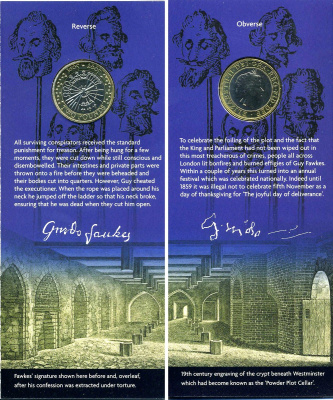 Великобритания 2 фунта 2005 Елизавета II (1952-2022), 400 лет ночи Гая Фокса (Пороховому заговору), в оригинальном картонном буклете KM 1052, Spink 4579 (K18) биметалл BUNC 00-00