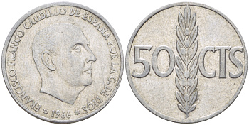 ИСПАНИЯ 50 СЕНТИМО 1966 (68) ФРАНСИСКО ФРАНКО ДИКТАТОР ИСПАНИИ ( 1939- 1975) KM 795 алюминий 4181-1063