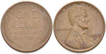 США 1 ЦЕНТ 1957 D, ЛИНКОЛЬН KM А132 медь цинк 3309-1216