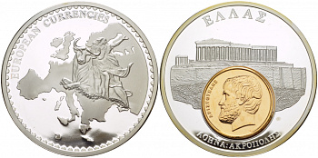 НИДЕРЛАНДЫ МЕДАЛЬ ND МОНЕТА НА МЕДАЛИ, СЕРИЯ ДОЕВРОВЫЕ ЕВРОПЕЙСКИЕ МОНЕТЫ, ГРЕЦИЯ, 5 ДРАХМ, АФИНЫ, ПАНТЕОН серебрение PROOF 1090-1-12
