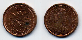 КАНАДА 1 ЦЕНТ 1984 ЕЛИЗАВЕТА II, КЛЕНОВЫЙ ЛИСТ KM 132 бронза 54-2456