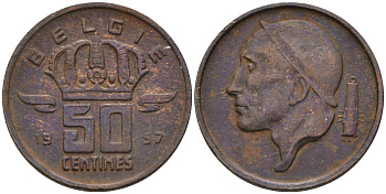 Бельгия 50 сантимов 1957 Belgie KM 149.1 бронза    4189-112