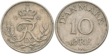 Дания 10 эре 1953 N; S, Фредерик IX (1947-1972) KM 841.1 медно-никель 08-1431