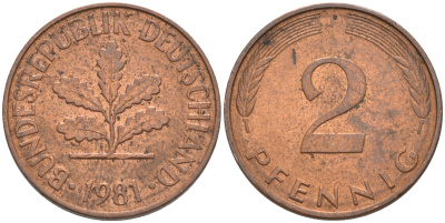 ФРГ 2 пфеннига 1981 F KM 106а, J. 381а сталь плакированная медью 55-1232