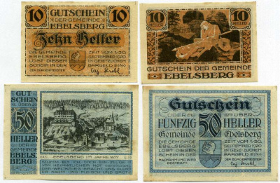 Австрия, Эбельсберг набор из 2 банкнот 10 и 50 геллеров 1920 1-30 сентября 1920, нотгельд   бумага  аUNC  7555-22-3-2