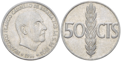 Испания 50 сентимо 1966 (68) Франсиско Франко (1939-1975) KM 795 алюминий 4181-1063