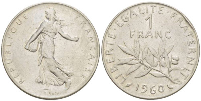 ФРАНЦИЯ 1 ФРАНК 1960 СЕЯТЕЛЬ KM 925.1, LE FRANC 226.22 никель 4519-835
