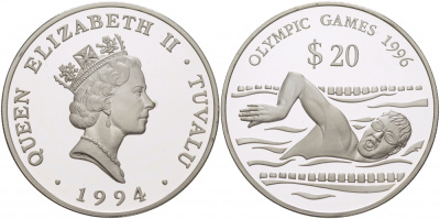 Тувалу 20 долларов 1994 Олимпийские игры 1996 года, плавание KM 24 серебро PROOF 11-101-41