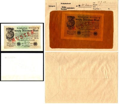 Германия 20000000 марок 1923 1 сентября, MUSTER, образец, Specimen. В оригинальном банковском конверте. Из коллекции Отто Сейфферта (помощник Ялмара Шахта - министра экономики Германии и президента Рейхсбанка времен третьего рейха) Pick 108 s, Grabowski D