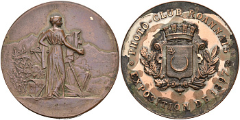 Франция медаль 1897 фото клуб ROANNAIS, выставка 1897 года, диаметр 39 мм., вес 24,5 гр. бронза 1095-7-32