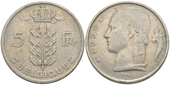 БЕЛЬГИЯ 5 ФРАНКОВ 1950 BELGIQUE, ЛЕОПОЛЬД III (1934-1950) KM 134.1 медно-никель 119-715