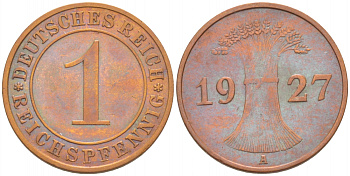 ГЕРМАНИЯ 1 РЕЙХСПФЕННИГ 1927 А KM 37, J. 313 бронза 3718-166