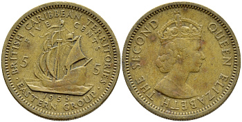 Британские Восточно-Карибские территории 5 центов 1955 Елизавета II (1952-2022), парусник KM 4 никель латунь 89-723