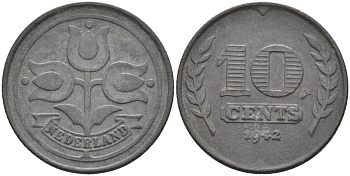 Нидерланды  10 центов 1942 KM 173 цинк 4132-324