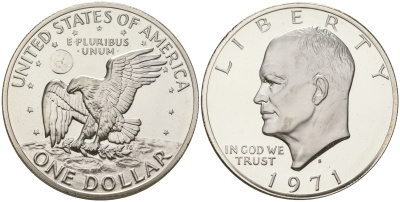 США 1 доллар 1971 S, Президент Эйзенхауэр, лунный орел KM 203a серебро  PROOF 1095-8-41