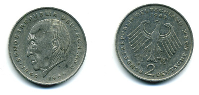 ФРГ 2 МАРКИ 1969 F, КОНРАД АДЕНАУЭР KM 124, J. 406 медно-никель плакированный никелем 35-1457