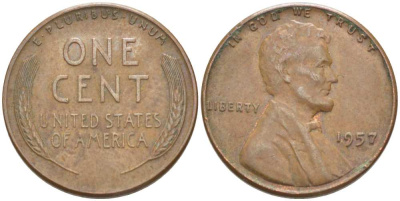 США 1 ЦЕНТ 1957 ЛИНКОЛЬН KM А132 медь цинк 3309-1165
