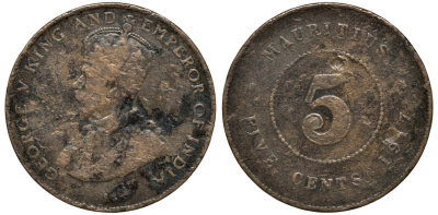 Маврикий 5 центов 1917 Георг V (1910-1936) KM 14 бронза 4391-312