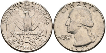 США 25 центов = квотер 1981 D, Вашингтон KM А164а медь плакированная медно-никелем 92-1151