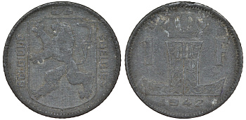 Бельгия 1 франк 1942 Леопольд III, Belgique-Belgie KM 127 цинк 4163-142
