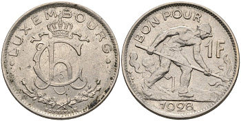 ЛЮКСЕМБУРГ 1 ФРАНК 1928 СТАЛЕВАР, ШАРЛОТТА (1919-1964) KM 35 никель 4566-613