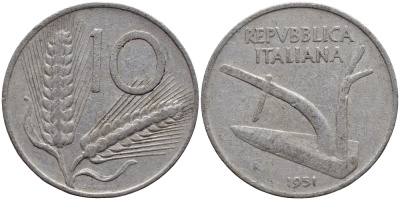 ИТАЛИЯ 10 ЛИР 1951 R, ПЛУГ KM 93 алюминий 4397-526