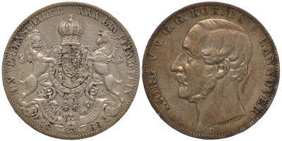 Брауншвейг-Каленберг-Ганновер 1 талер 1866 В, Георг V (1851-1866) КМ 230, AKS 144, Dav. 682, Kahnt 239, Thun 174 серебро 00-1067-9-54