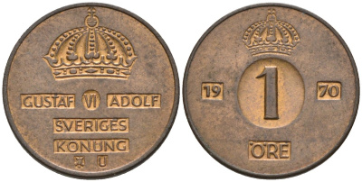 Швеция 1 эре 1970 Густав VI Адольф (1950-1973) KM 820 бронза 4585-315