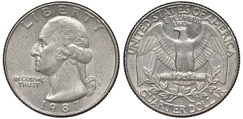 США 25 центов = квотер 1987 D, Вашингтон KM A164a медь плакированная медно-никелем 4543-942