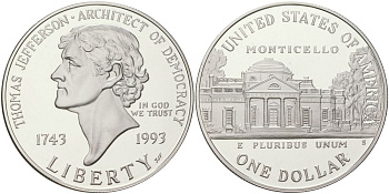 США 1 доллар 1993 S, 250 лет со дня рождения Томаса Джефферсона KM 249 серебро PROOF 11-231-55