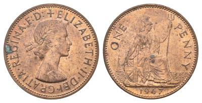 Великобритания 1 пенни 1967 Елизавета II (1952-2022) KM 897, Spink 4157 бронза UNC 4661-1015