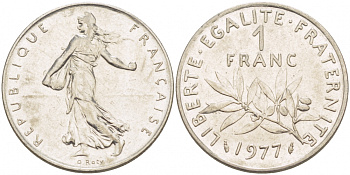 ФРАНЦИЯ 1 ФРАНК 1977 СЕЯТЕЛЬ KM 925.1, LE FRANC 226.22 никель 77-922
