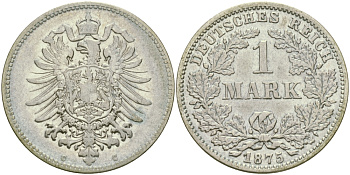 Германия 1 марка 1875 C Weege 17, J. 9, KM 7 серебро 98-1252