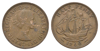 Великобритания 1/2 пенни 1960 Елизавета II (1952-2022) KM 896, Spink 4158 бронза 4662-1157