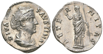 Римская Империя денарий 141-161 Фаустина Старшая, жена Антонина Пия, посмертная чеканка, DIVA FAVSTINA, бюст императрицы/AETERNITAS, персонификация Вечности, Рим, в слабе RNGA - MS RIC 344 серебро 15-004-10