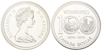 Канада 1 доллар 1974 100 лет городу Виннипег, в оригинальной коробке KM 88a серебро BU 8-2-05-33