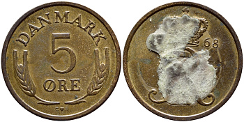 ДАНИЯ 5 ЭРЕ 1968 C; S, ФРЕДЕРИК IX (1947-1972) KM 848.1 бронза 4398-852