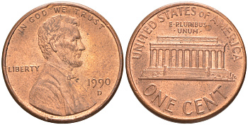 США 1 ЦЕНТ 1990 D KM 201b ЛИНКОЛЬН медь цинк UNC 187-667