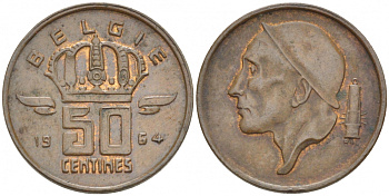 БЕЛЬГИЯ 50 САНТИМОВ 1964 BELGIE KM 149.1 бронза 3996-1251