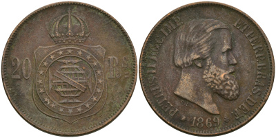 Бразилия 20 рейсов 1869 Педро II (1831-1889) KM 474 бронза 92-824