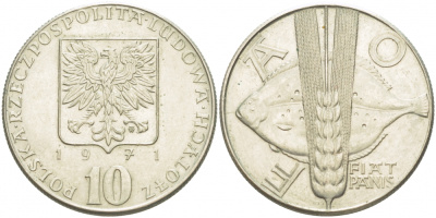 Польша 10 злотых 1971 FAO, продовольственная программа, рыбы KM 63 медно-никель 77-356