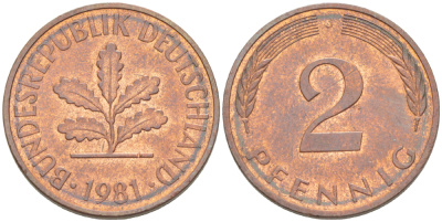 ФРГ 2 ПФЕННИГА 1981 J KM 106а, J. 381а сталь плакированная сталь плакированная медьюю 4181-842